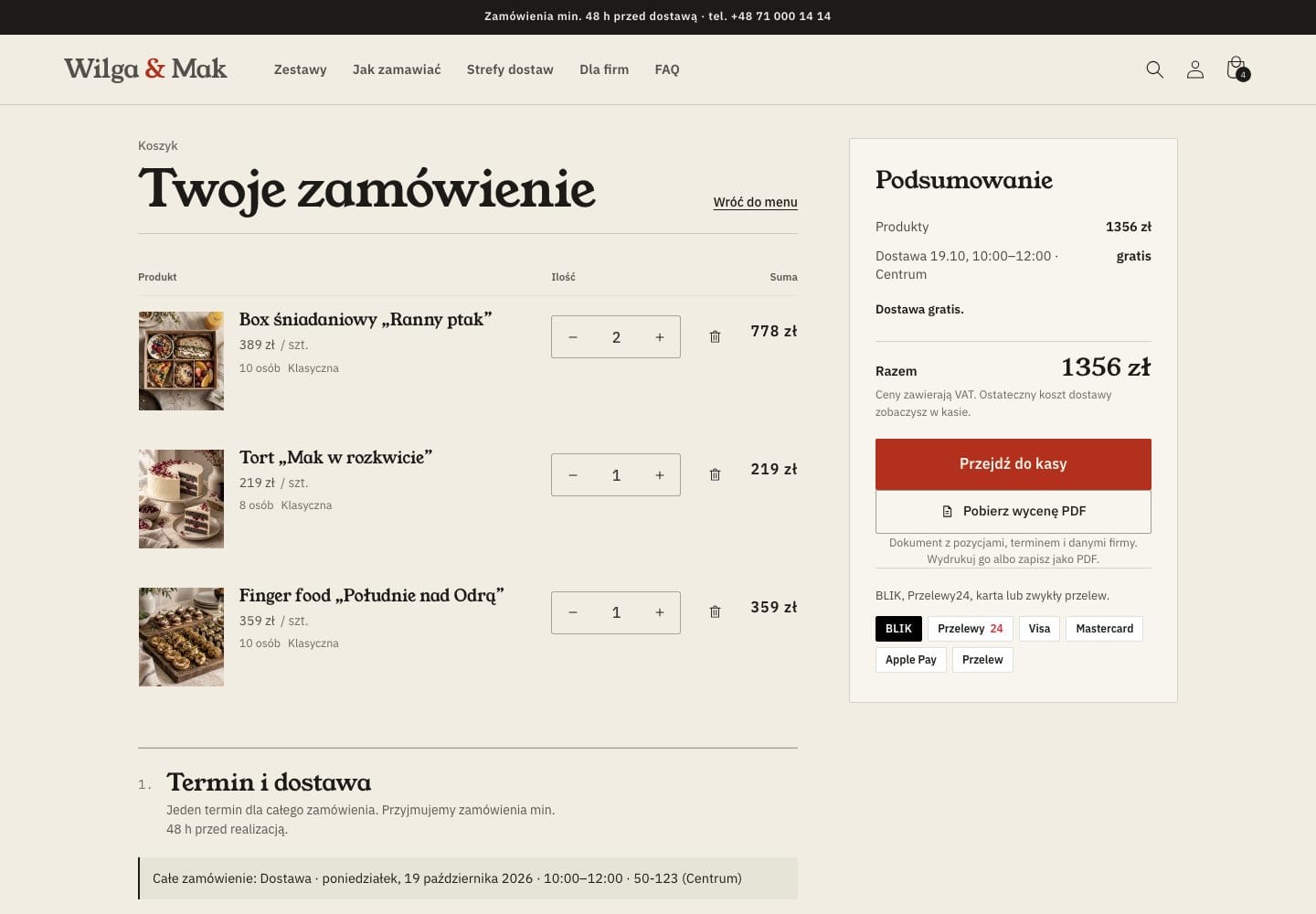 Koncept Wilga & Mak. Koszyk Shopify z wyborem terminu dostawy.