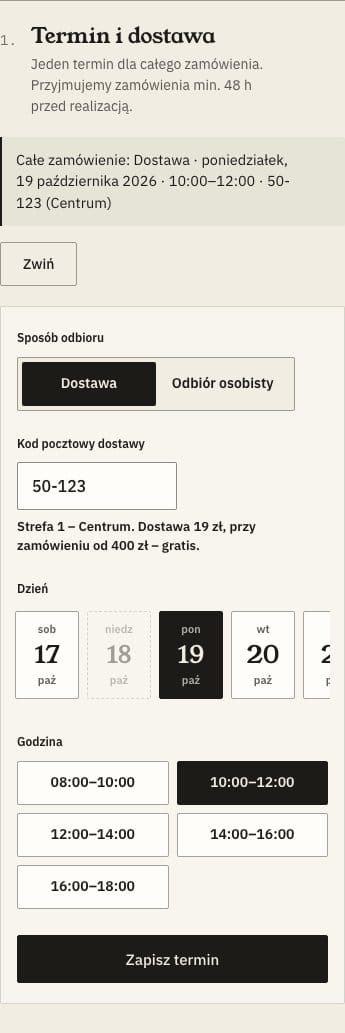 Koncept Wilga & Mak. Koszyk Shopify z wyborem terminu dostawy.