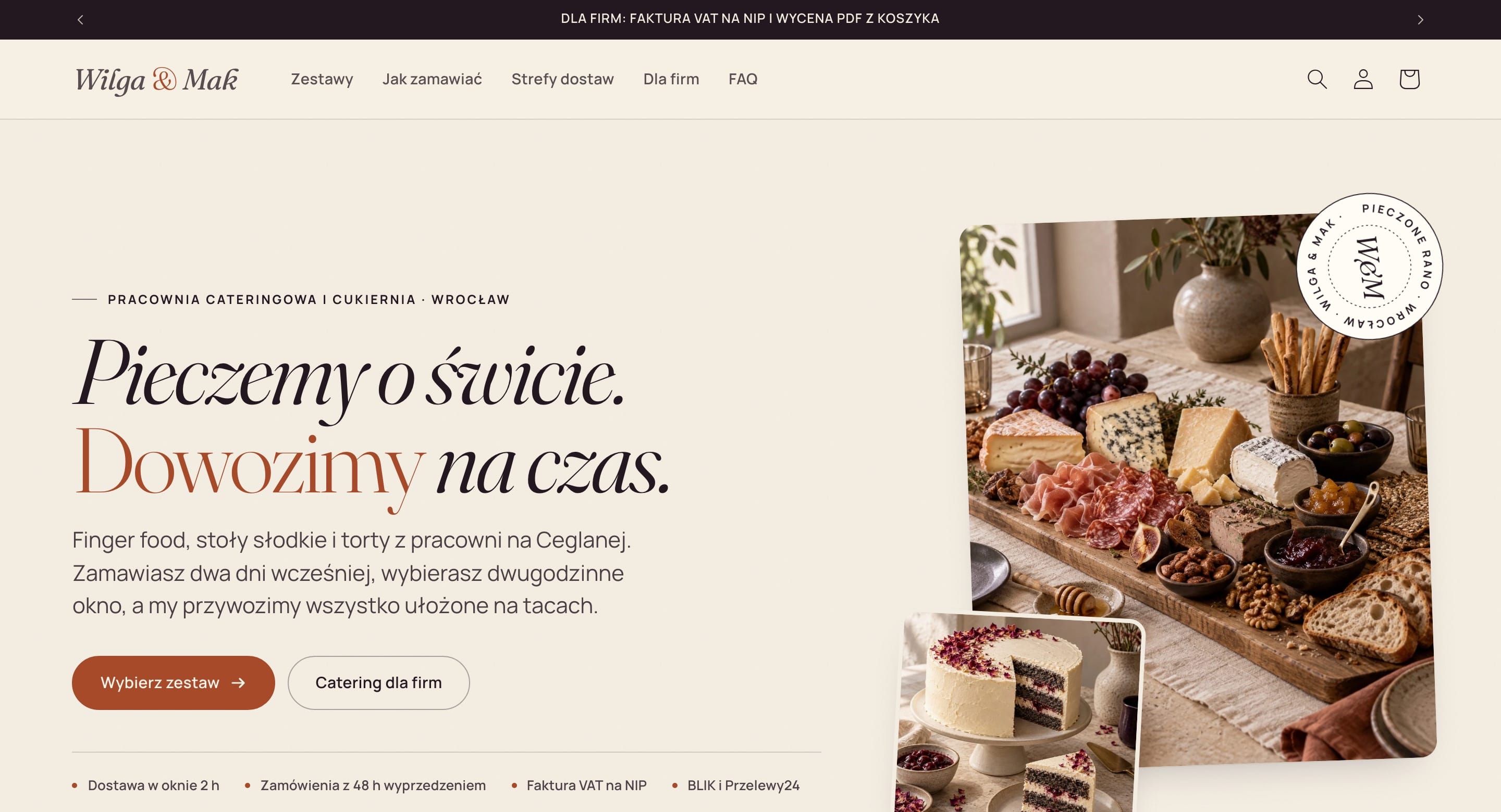 Home page of the Wilga & Mak store: the headline We bake at dawn, we deliver on time, with a cheese board and a poppy-seed cake.